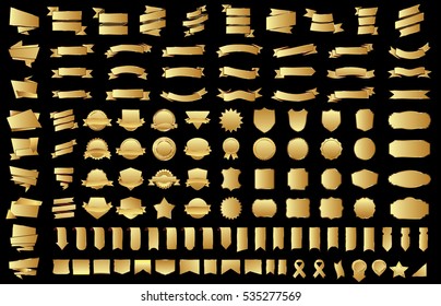 Banner ribbon label gold vector christmas background set with isolated fancy badge vintage sticker and decorative border icon. Festive colorful tag design award of gift illustration collection