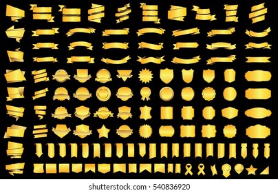 Banner ribbon label gold vector christmas background set with isolated fancy badge vintage sticker and decorative border icon. Festive colorful tag design award of gift illustration collection