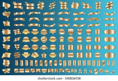 Banner ribbon label gold vector christmas background set with isolated fancy badge vintage sticker and decorative border icon. Festive colorful tag design award of gift illustration collection