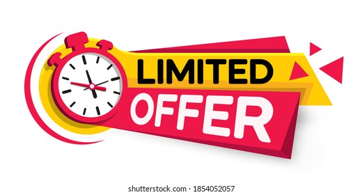 Banner ribbon limited offer with stop watch. Limited offer tag with a clock for promotion, banner, price. Countdown timestamp for sale offers, special offer. Limited time alarm clock. Promotional Time