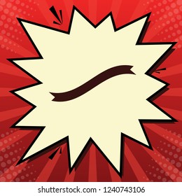 Banner ribbon sign. Vector. Dark red icon in lemon chiffon shutter bubble at red popart background with rays.