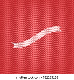 Banner ribbon sign. Vector. Knitted white icon on a red knitted background.