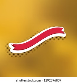 Banner ribbon sign. Vector. Magenta icon with darker shadow, white sticker and black popart shadow on golden background.