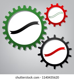 Banner ribbon sign. Vector. Three connected gears with icons at grayish background.