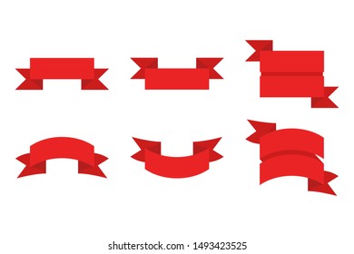 Banner ribbon vector set, red colored on white background. Vector illustration in flat design