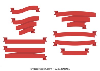 Banner ribbon vector set, red colored on white background. Vector illustration in flat design