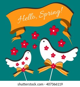 Banner with ribbon,birds, bows and flowers. Spring poster. Floral card with birds.Hello, springtime! Template greeting card,poster,banner. The background for the text. Stock vector