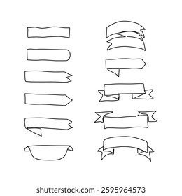 Banner, ribbons, badges, labels set. Continuous line drawing, tattoo, logo. Announcement news, sales design elements. Single line on white background, isolated vector.