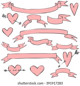 Banner ribbons hand drawn collection. Additional hearts included.
