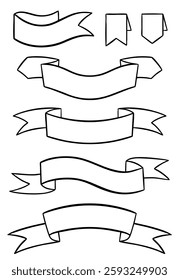 Banner ribbons outline vector set. Advertising element, label collection line drawing, silhouette