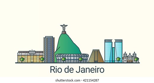 Banner of Rio de Janeiro city in flat line trendy style. Rio de Janeiro city line art. All buildings separated and customizable.