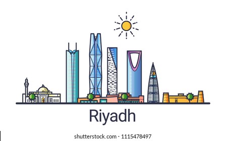 Banner of Riyadh city in flat line style. Riyadh city line art. All linear buildings separated and customizable.