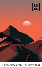 Banner road with mountains at sunset. Flat art. Vector art.