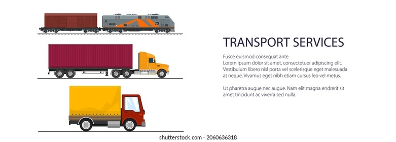 Banner of road and railway freight transport, truck and delivery van, locomotive with closed wagon , shipping and freight of goods, transportation and cargo services, vector illustration