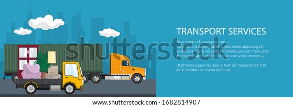 Banner of road transport and logistics,\
cargo truck and yellow lorry with furniture go on the road,\
shipping and freight of goods, vector\
illustration