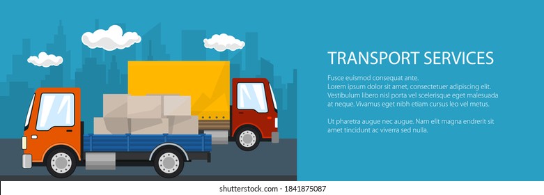 Banner of road transport and logistics, small covered truck and cargo van with boxes go on the road, shipping and freight of goods, vector illustration