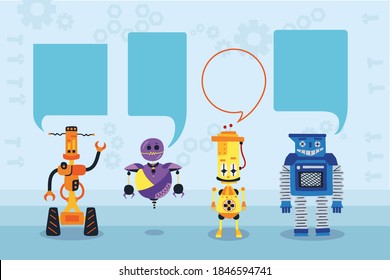 Banner mit Robotern und Blasen Sprache für Ihren Text in einem flachen Stil. Banner mit Roboterspielzeug-Kollektion. Vektorgrafik