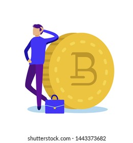 Banner Robust World Cryptocurrency Cartoon Flat. Man Casual Wear Relies on Gold Coin with Bitcoin Sign. Profitability Portfolio Financial Instruments. Vector Illustration on White Background.