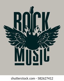 banner for rock music with electric guitar with wings on fire