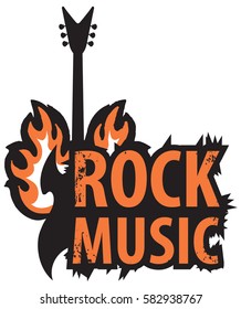 banner for rock music with electric guitar with fire