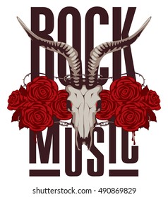 banner for rock music with goat skull and roses