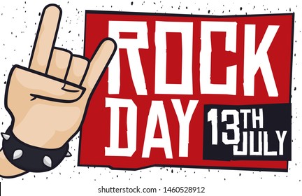 Banner with rocker hand doing the sign of horns, wearing a bracelet with spikes and greeting sign to celebrate Rock Day this 13th July.