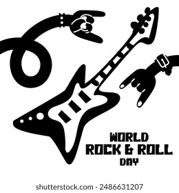 Banner with a lot of rocker's hands with a bracelet with spikes, guitar and horns, a greeting sign in honor of Rock Day on April 13. Long curved black arms on white. The inscription about the holiday.