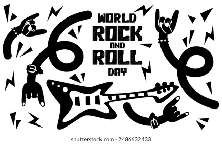 Banner with a lot of rocker's hands with a bracelet with spikes, guitar and horns, a greeting sign in honor of Rock Day on April 13. Curved black arms and zippers on white. Inscription the holiday.