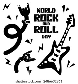 Banner with rocker's hands with a bracelet with spikes, guitar and horns, a greeting sign in honor of Rock Day on April 13. Long curved black arms and zippers on white. Inscription about the holiday.