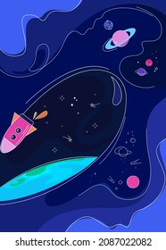 Banner with rocket in space. Placard design in doodle style.