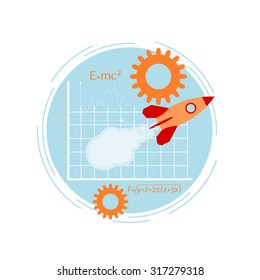 Banner with rocket. Startup. Flat style. Vector illustration.