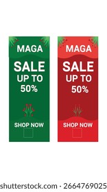 Banner Roll Up Design zwei vertikale Verkaufs-Banner in grün und rot mit SALE BIS ZU 50   Text und Shop Now-Taste