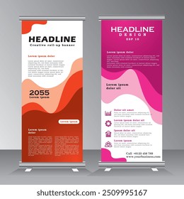 Anuncio roll up Plantilla con color rosa y naranja, concepto creativo para presentaciones, evento, bienvenida, conferencia y publicidad, Plantilla para publicar Fotos y texto. Fondo moderno con ondas