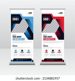 Banner Roll Up Template. Vertical Roll Up, X-Stand, Exhibition Display, Retractable Banner Stand Or Flag Design Layout For Conference. Rollup Banner For Corporate Business Agency