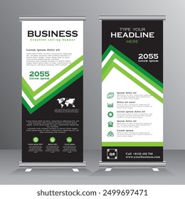 Banner roll up vector banner design, green colour graphic vertical template for exhibition, conference, event, advertising and several purpose. Business banner template,