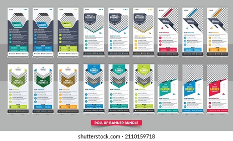 Banner roll-up design bundle. Graphic template roll-up for exhibitions, banner for seminar, layout for placement of photos. Universal stand for conference, promo banner vector background.