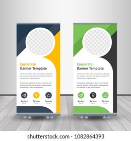 Banner roll-up design, business concept. Graphic template roll-up for exhibitions, banner for seminar, layout for placement of photos. Universal stand for conference, promo banner vector background.