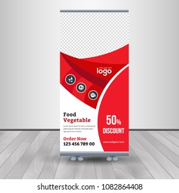 Banner roll-up design, business concept. Graphic template roll-up for exhibitions, banner for seminar, layout for placement of photos. Universal stand for conference, promo banner vector background.