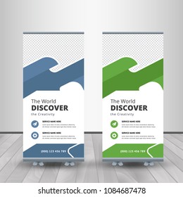Banner roll-up design, business concept. Graphic template roll-up for exhibitions, banner for seminar, layout for placement of photos. Universal stand for conference, promo banner vector background