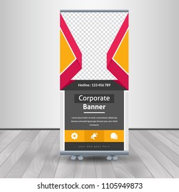 Banner roll-up design, business concept. Graphic template roll-up for exhibitions, banner for seminar, layout for placement of photos. Universal stand for conference, promo banner vector background.