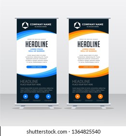 Banner roll-up design, business concept. Graphic template roll-up for exhibitions, banner for seminar, layout for placement of photos. Universal stand for conference, promo banner vector background