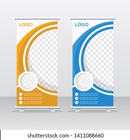 Banner roll-up design, business concept. Graphic template roll-up for exhibitions, banner for seminar, layout for placement of photos. Universal stand for conference, promo banner vector background
