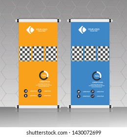 Banner roll-up design, business concept. Graphic template roll-up for exhibitions, banner for seminar, layout for placement of photos. Universal stand for conference, promo banner vector background