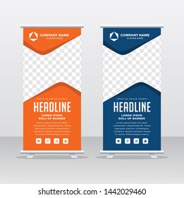 Banner roll-up design, business concept. Graphic template roll-up for exhibitions, banner for seminar, layout for placement of photos. Universal stand for conference, promo banner vector background