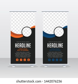 Banner roll-up design, business concept. Graphic template roll-up for exhibitions, banner for seminar, layout for placement of photos. Universal stand for conference, promo banner vector background