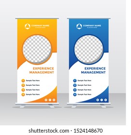 Banner roll-up design, business concept. Graphic template roll-up for exhibitions, banner for seminar, layout for placement of photos. Universal stand for conference, promo banner vector background