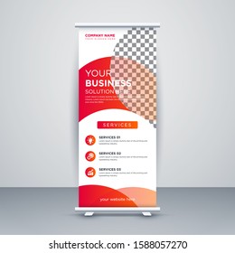 Banner roll-up design, business concept. Graphic template roll-up for exhibitions, banner for seminar, layout for placement of photos. Universal stand creative red, promo banner vector background.