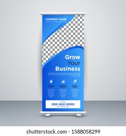 Banner roll-up design, business concept. Graphic template roll-up for exhibitions, banner for seminar, layout for placement of photos. Universal stand for conference, promo banner ad blue background.