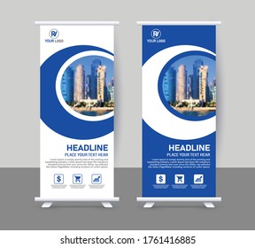 Banner roll-up design, business concept. Graphic template roll-up for exhibitions, banner for seminar, layout for placement of photos. Universal stand for conference, blue banner vector background.
