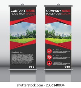 Banner roll-up design, business concept. Graphic template roll-up for exhibitions, banner for seminar, layout for placement of photos. Universal stand for conference, promo banner vector background.